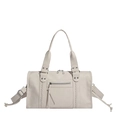 Retro cream white Boston bag with tassels and silver studs in a minimalist style - White