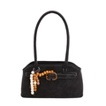 Minimalistische schwarze Wildleder-Achseltasche mit Holzperlen und Bronzeschnalle - Mit Anhänger / Schwarz