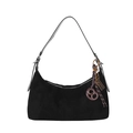 Black suede hobo bag with pretzel pendant and silver hardware in minimalist style - With Pendant / Black