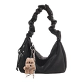Matte black pleated hobo tote bag with wide strap and brown plush dog charm accessory - With Pendant / Black