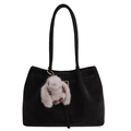 Borsa tote minimalista in pelle scamosciata nera con doppia tracolla e ciondolo a coniglio - Con Ciondolo / Ebano