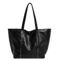 Large black faux leather tote bag with silver metal studs and double shoulder straps - Black