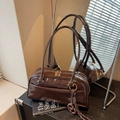 Dark brown patent leather rectangular shoulder bag with a unique pretzel charm - Coffee with Pendant