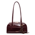 Classic burgundy high-gloss leather bowling bag with vintage handles and metal zip - With Pendant / Burgundy