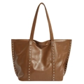 Retro brown large-capacity leather tote bag with silver metal studs on white background - Brown