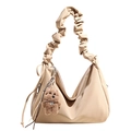 Light beige pleated hobo shoulder bag with a cute brown plush bear charm detail - With Pendant / Off White