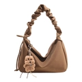 Brown half-moon tote bag with pleated handle and cute bear charm in premium matte leather - With Pendant / Brown
