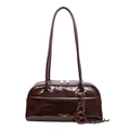 Retro dark brown glossy shoulder bag with vintage logo and bow charm accessory - With Pendant / Coffee