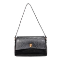 Retro black wax oil leather shoulder bag with vintage texture and golden metal buckle - Black