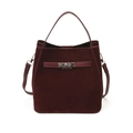 Vintage burgundy suede bucket bag with metal clasp and adjustable shoulder strap - Fuschia