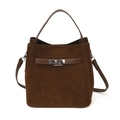 Dark brown suede bucket bag with metal twist lock and adjustable shoulder strap - Brown