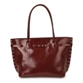 Borsa tote vintage bordeaux in pelle lucida con borchie argentate e manici lunghi - Rosso