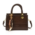 Brown leopard-style crossbody bag with woven handle and vintage bead tassel charm - Brown