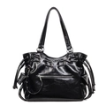 Bolso tote negro brillante con bolsillos laterales con cordón y cremallera frontal - Negro