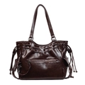 Bolso tote retro marrón oscuro con acabado brillante y elegantes cordones laterales - café