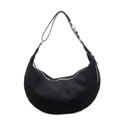 Retro black faux suede crescent shoulder bag with adjustable strap and silver zipper closure - Black