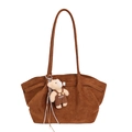 Brown suede retro tote bag with long shoulder strap and cute bear plush charm accessory - With Pendant / Brown