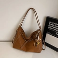 Brown vintage Hobo shoulder bag with contrast stitching and cute bear charm decor - With Pendant / Brown