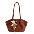Brown faux suede tote bag with a small teddy bear pendant and smooth matte finish - With Pendant / Caramel color