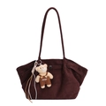 Dark brown suede tote bag with vintage texture and a cute bear charm accessory - With Pendant / Brown