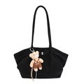 Vintage black suede tote bag for women with cute bear charm and long shoulder strap - With Pendant / Black