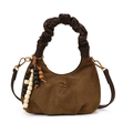 Vintage brown frosted tote bag with quilted embroidery and beaded charm accessory - Green