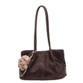 Deep brown matte suede tote bag with shoulder straps and plush puppy charm - With Pendant / Brown