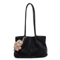 Large black leather tote bag with pleated texture and a cute brown plush dog charm - With Pendant / Black