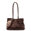 Dark brown suede tote bag with long shoulder straps and a cute plush dog pendant charm - With Pendant / Brown