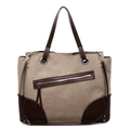 Borsa tote retrò kaki con cinturini in pelle marrone e tasca frontale con zip - Cachi