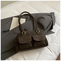 Detail of vintage dark brown suede shoulder bag with dual front pockets and metal hardware - Coffee without Pendant