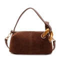Dunkelbraune Boston-Tasche aus Wildleder mit Ziernaht und großem goldenem Metallring-Detail - Braun