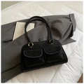 Detail of vintage black suede pillow bag with contrast white stitching and gold hardware - Black without Pendant