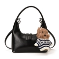 Black glossy PU leather dumpling bag with teddy bear pendant and silver double zippers - With Charm / Black