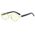 Retro oval sunglasses with light yellow lenses and slim gold metal frame shown at 45 degrees - Gold Frame Green
