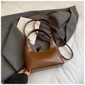 Brown vintage glossy crescent handbag with detachable crossbody strap and silver hardware - Without Pendant / Brown