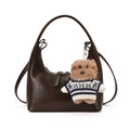 Glossy dark brown dumpling handbag with cross-body strap and cute bear charm - With Charm / Brown