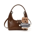 Vintage glossy dark coffee leather hobo bag with a cute puppy plush charm - With Charm / Brown