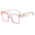 Pink transparent square eyeglass frames with gold W accent and blue light blocking - Pink Frame
