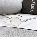 Silver oval metal frame sunglasses with sparkling heart-shaped rhinestones on the temples - Silver Frame White Mirror Lens