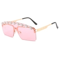 Frameless square sunglasses with pink lenses, pearl flower accents and gold metal frame - Gold Frame Pink Lenses