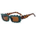 Irregular wavy teal sunglasses with classic tortoiseshell temples and brown lenses - Green Frame Tea Lens
