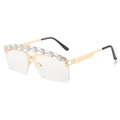 Frameless oversized sunglasses with gold metal frame and white pearl rhinestone accents - Gold Frame White Mirror Lens