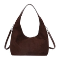 Vintage dark brown suede tote bag with wide handle and detachable shoulder strap on white backdrop - Brown