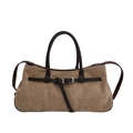 Borsa tote retrò in pelle opaca marrone con fibbia argentata e doppi manici - Cachi