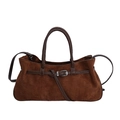 Borsa retrò in pelle scamosciata marrone scuro con fibbia argento e tracolla regolabile - Marrone
