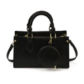 Chic black faux leather rectangular handbag with gold studs and round coin purse charm - Black