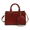 Dark red leather crossbody square tote bag with gold hardware and small round coin purse - Red