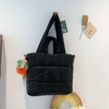 Black quilted down tote bag with fluffy texture and a colorful charm on wood hook - With Pendant / Black