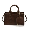 Deep brown textured faux leather tote bag with a matching round coin purse and gold hardware - Brown